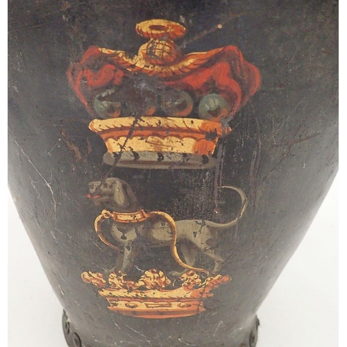 1138 - An 18th century leather fire bucket painted crowned dog heraldic crest, 31cm tall