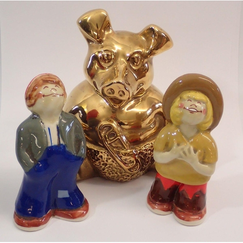 114 - A Wade RHM Foods novelty salt and pepper, 11.5cm and a gold Nat West pig