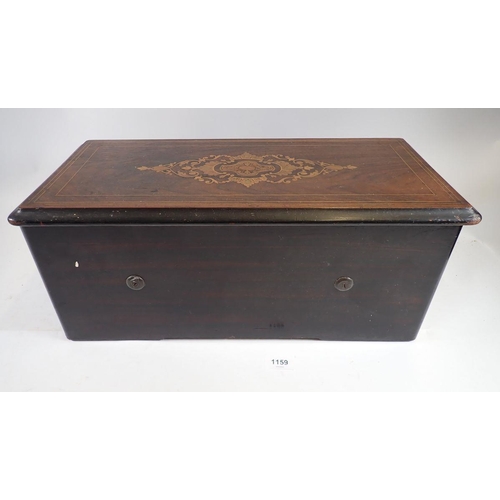 1159 - A Swiss musical box in marquetry case with cylinder movement playing six airs, 48cm wide