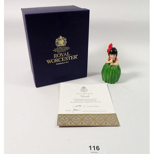 116 - A Royal Worcester limited edition candlesnuffer Hush - girl in a red dress, boxed with certificate