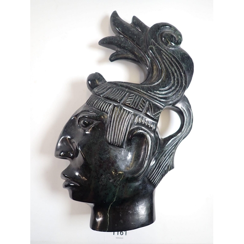 1161 - A black stone carving of Pakal the Great (7th century ruler of Mexico) 28 x 18cm