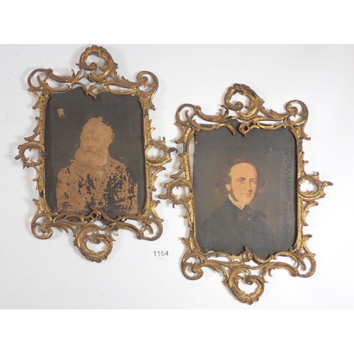 1164 - A pair of Victorian photograph portraits on metal in gilt scrollwork frames, 19 x 14cm