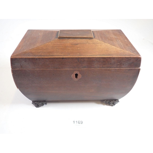 1169 - A 19th century rosewood tea caddy of sarcophagus form with metal foliate bracket feet, 22.5cm wide