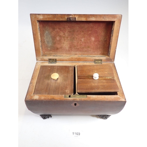 1169 - A 19th century rosewood tea caddy of sarcophagus form with metal foliate bracket feet, 22.5cm wide