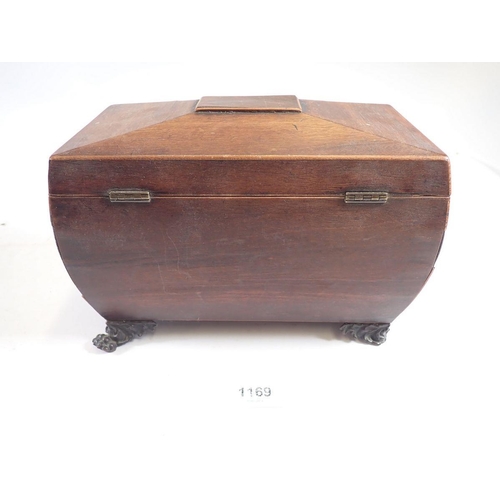 1169 - A 19th century rosewood tea caddy of sarcophagus form with metal foliate bracket feet, 22.5cm wide