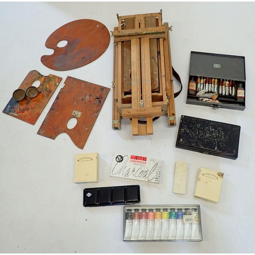 1174 - A Winsor and Newton wooden travel easel together with various Winsor and Newton and other oils, pall... 