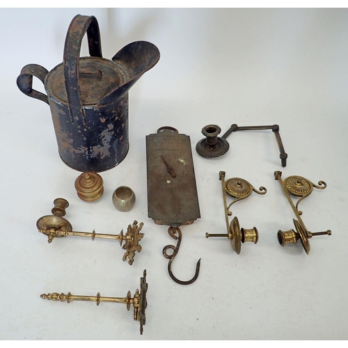 1179 - A box of metalware including Salter circular spring balance and adjustable candle holder