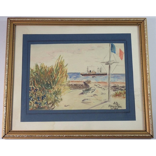 1186 - French School Tahitian watercolour beach scene with ship 'Fangatail 36' 18 x 26cm