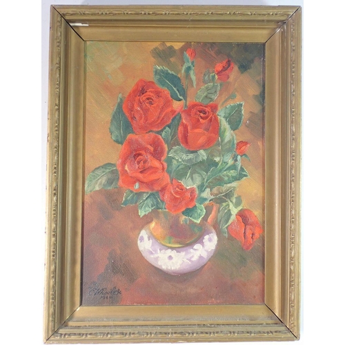 1193 - Wheeler - oil on canvas rose in jug dated 1960, 35 x 24cm