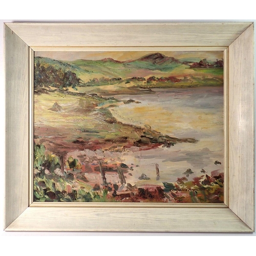 1195 - Constance Hamilton - oil on board lake scene with surrounding hills, 38 x 49cm