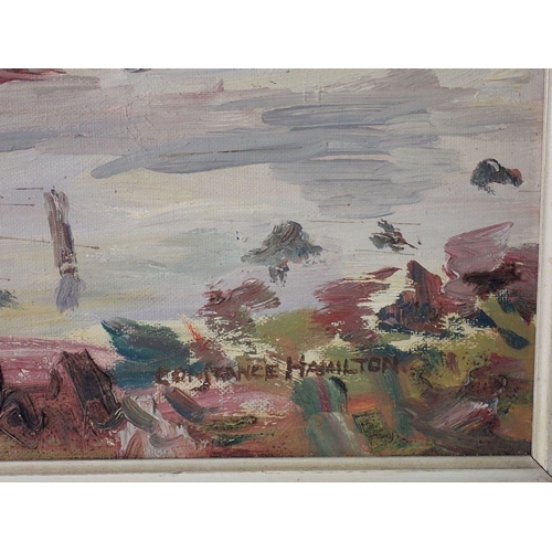 1195 - Constance Hamilton - oil on board lake scene with surrounding hills, 38 x 49cm