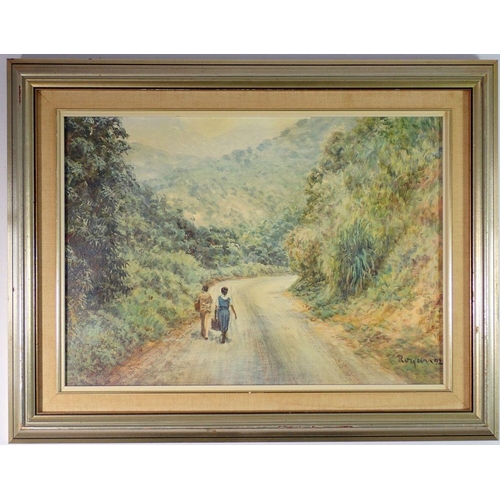 1196 - Royan Grey - oil on canvas of walking through the hills, dated 92, 27 x 39cm