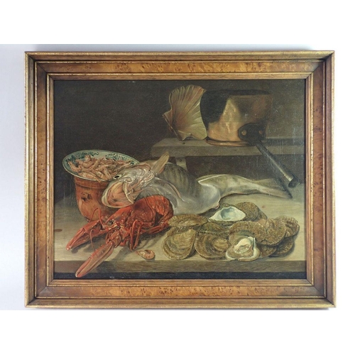 1197 - An oil on canvas still life seafood including lobster, oysters, prawns fish etc. with Kenulf Gallery... 