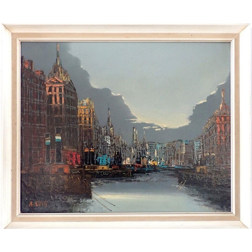 1199 - A Weiss - oil on board of a city harbour scene, 48 x 60cm