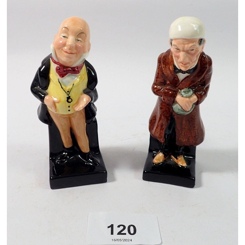 120 - Two Doulton Dickens small figures, Mr Micawber and Scrooge, 10cm tall