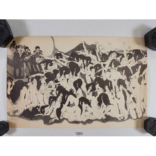 1203 - Patricia Oberhaus erotic print of The Beatles performing to naked ladies!, unframed, 26 x 40cm