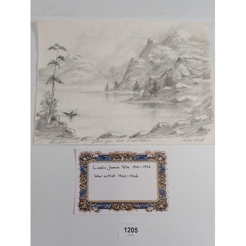 1205 - Leslie Cole - Pencil sketch of  mountain and lake scene - inscribed 