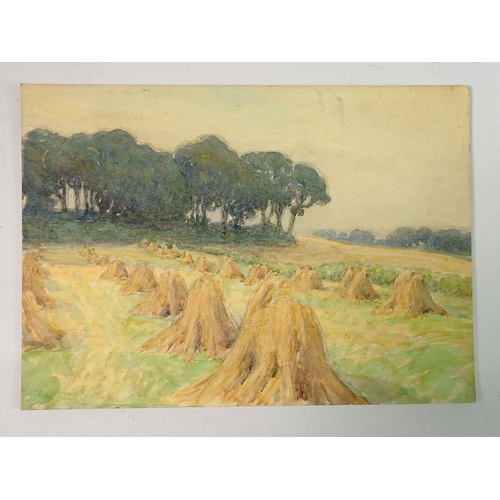 1212 - Lawrence Linnell - watercolour on card corn stooks in field, unframed, 24 x 34cm