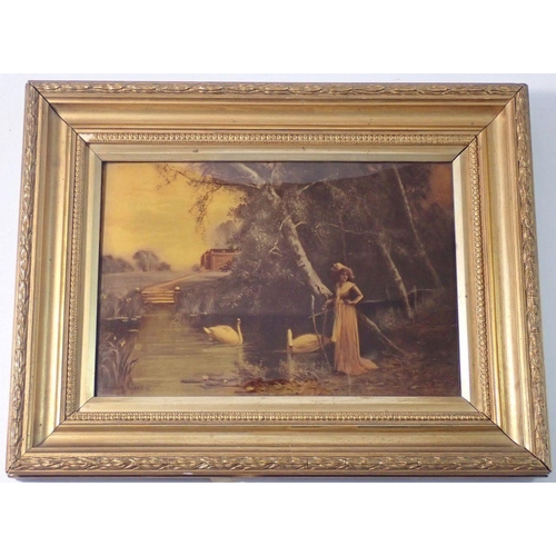 1215 - A Victorian Christoleon picture woman and swans by a river, 16.5 x 24.5cm