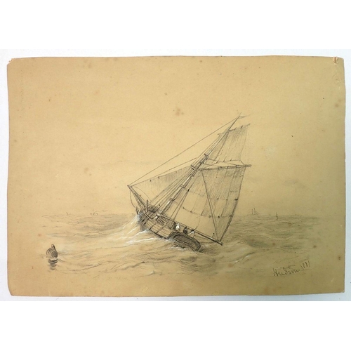 1217 - Hudson - charcoal and chalk sketch of a sailing boat, dated 1881, 23.5 x 33.5cm