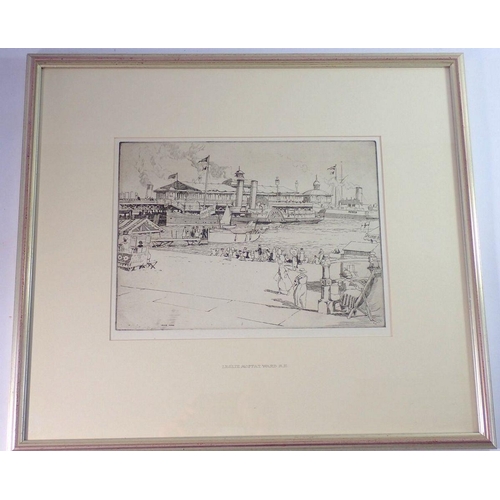 1222 - Leslie Moffat Ward - etching Bournemouth Pier with paddle steamer, with gallery label to verso, 20 x... 