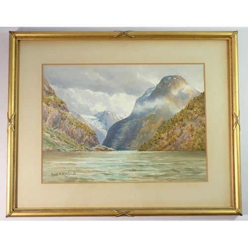 1237 - Frederick Fitzgerald - watercolour alpine lake scene, 23 x 32cm