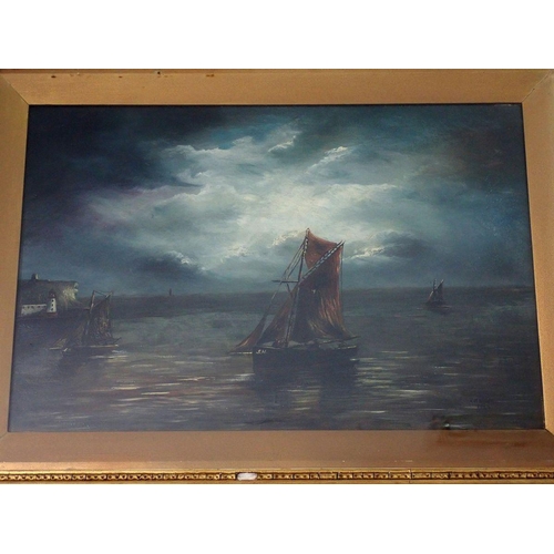 1243 - A Malton - oil on canvas fishing boats off Scarborough, signed and dated 1920 in a 19th century glaz... 