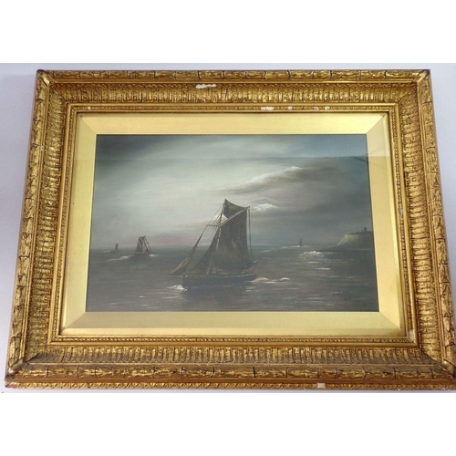 1243 - A Malton - oil on canvas fishing boats off Scarborough, signed and dated 1920 in a 19th century glaz... 