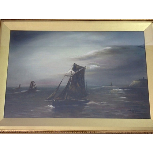 1243 - A Malton - oil on canvas fishing boats off Scarborough, signed and dated 1920 in a 19th century glaz... 