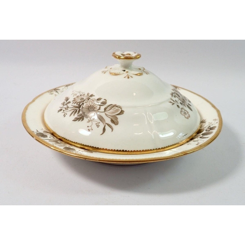 129 - An early 19th century Mintons muffin dish and cover decorated brown flowers, 20cm diameter