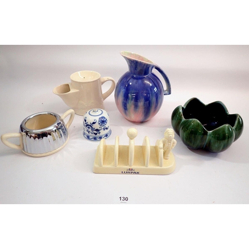 130 - A Sylvac blue jug, a Lurpack toast rack, shaving mug etc.