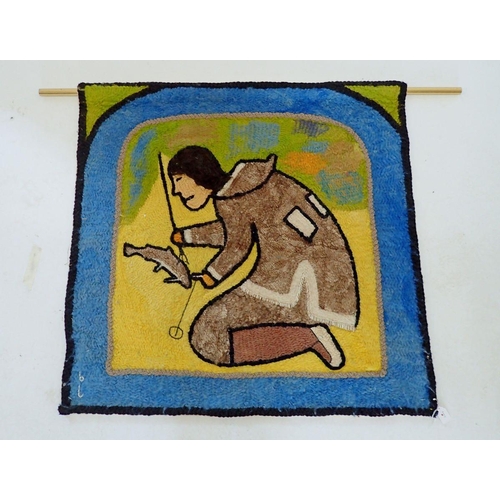 1312 - An Inuit vintage wool wall hanging depicting woman catching fish, 84cm square