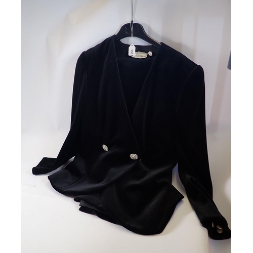 1314 - A Frank Usher ladies jacket and skirt in black with detachable white collar and cuffs, size UK 12