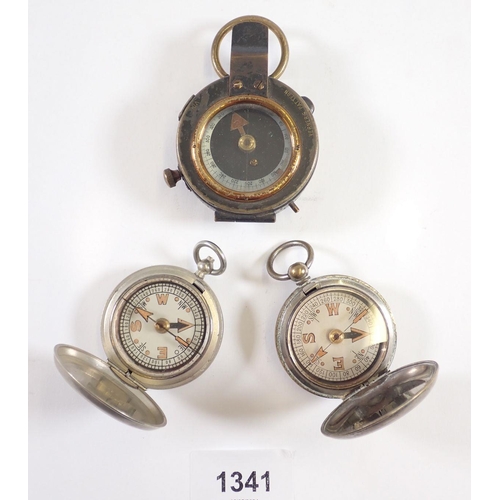 1341 - A WWI Terassse W Co compass, a West & Partners compass and a Baker & Sons WWII compass