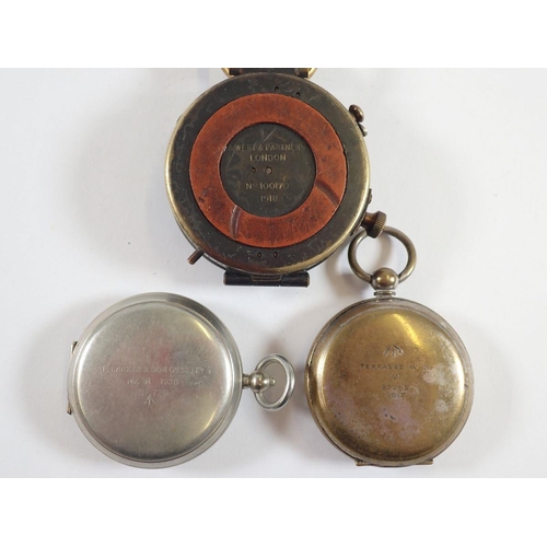 1341 - A WWI Terassse W Co compass, a West & Partners compass and a Baker & Sons WWII compass