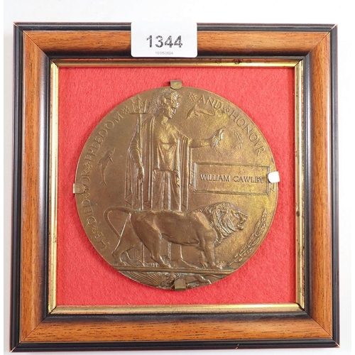 1344 - A WWI death plaque for William Cawley - mounted in a frame