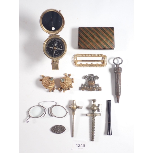 1349 - A box of collectables including compass, Royal Hussars cap badge, Tartanware box