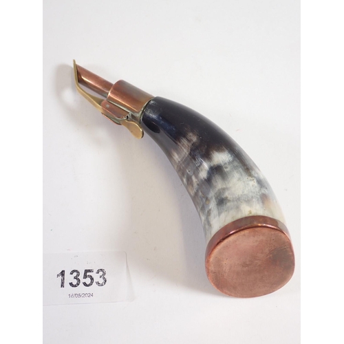 1353 - A copper mounted horn powder keg, 13.5cm