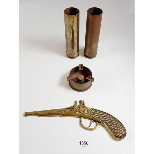 1356 - Two shell case vases and a trench art ashtray plus a gun wall ornament