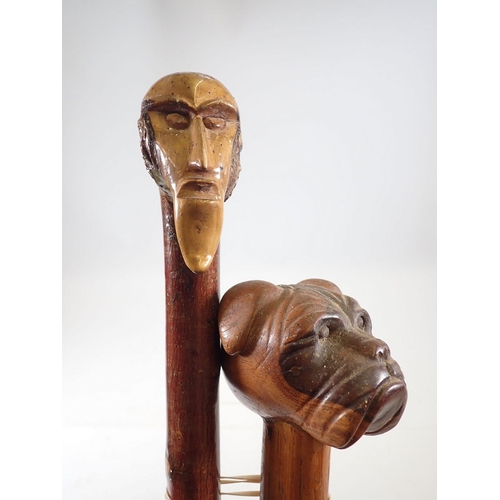 1368 - A dog head walking cane and another rustic cane carved head of a man