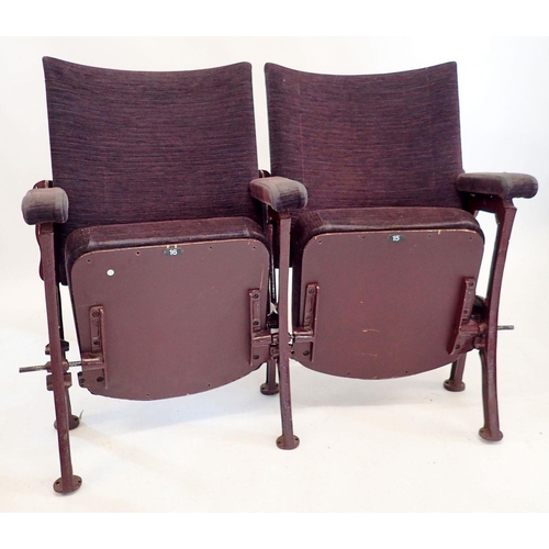 1383 - Two cast iron and upholstered theatre seats from Malvern Theatre