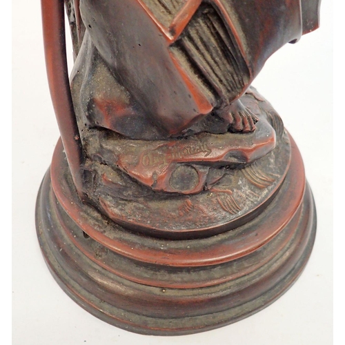 1392 - A bronze lamp base figure of a woman after Auguste Moreau (now lacking lamp fitting) 56cm tall,