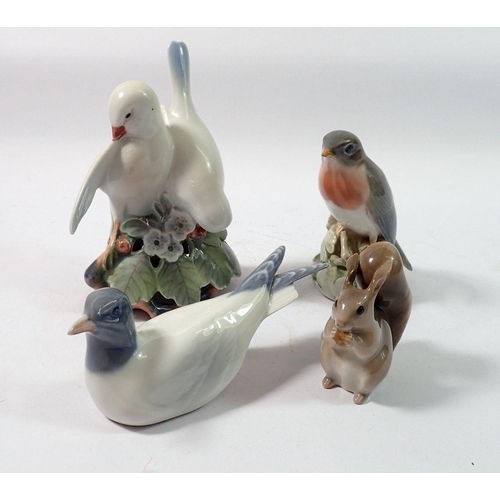 140 - Three Copenhagen birds and a squirrel (small chip) to ear 6cm tall