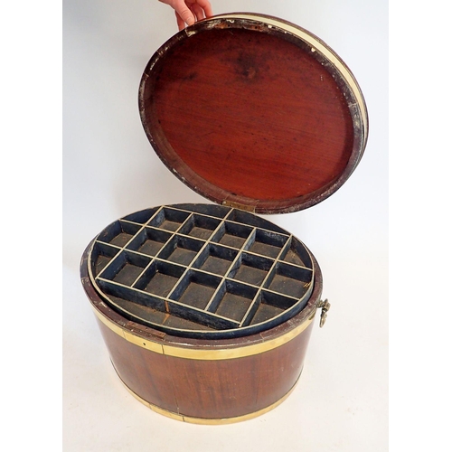 1401 - A George III mahogany oval brass bound wine cooler with hinged lid with later fitted lift out tray t... 