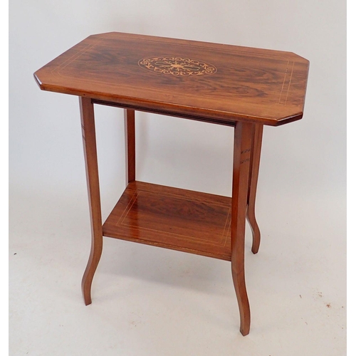 1405 - An Edwardian rosewood two tier occasional table with satinwood inlay, 60 x 38 x 71cm