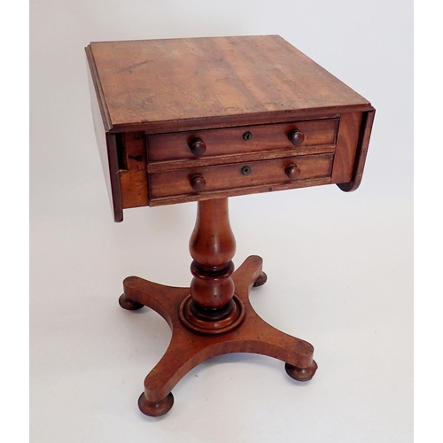 1407 - A 19th century mahogany work table with drop flaps and two drawers all on turned column with quadrup... 