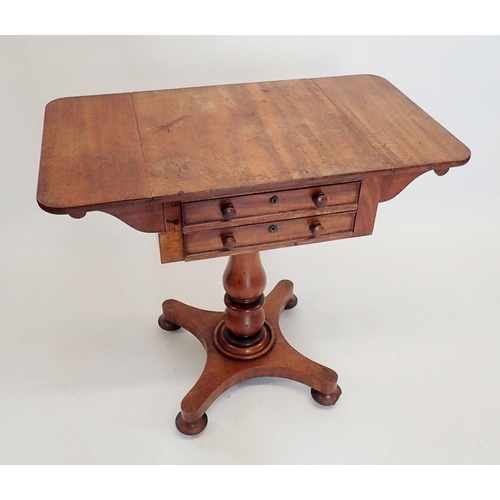 1407 - A 19th century mahogany work table with drop flaps and two drawers all on turned column with quadrup... 