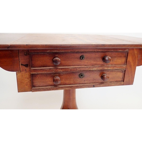 1407 - A 19th century mahogany work table with drop flaps and two drawers all on turned column with quadrup... 