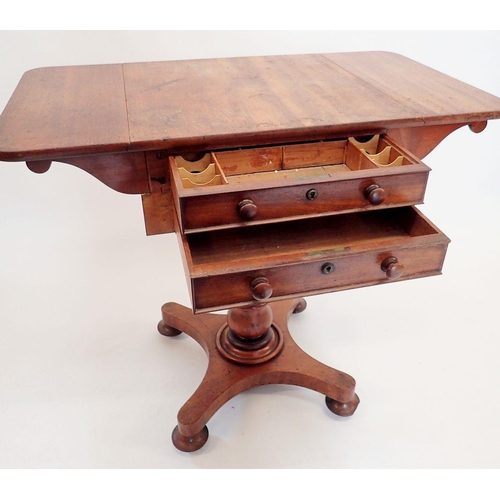 1407 - A 19th century mahogany work table with drop flaps and two drawers all on turned column with quadrup... 