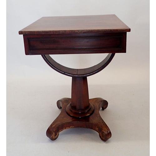 1408 - A 19th century mahogany occasional table with frieze drawer over inverted bow support on quadruple b... 